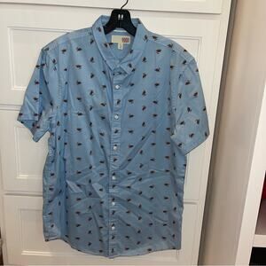 1901 Bird Print Short Sleeve Button-Down Shirt Blue Large